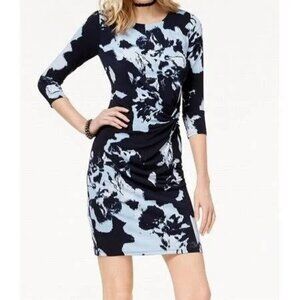 INC Floral Faux Wrap Dress Womens M Career Cocktail Party Office Church Blue